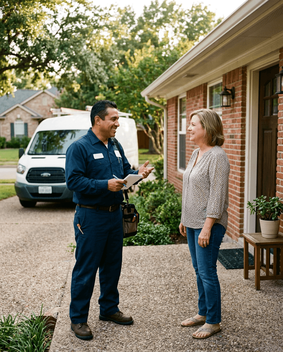 Genco HVAC technician speaking with a homeowner on the front porch of a Houston-area home
