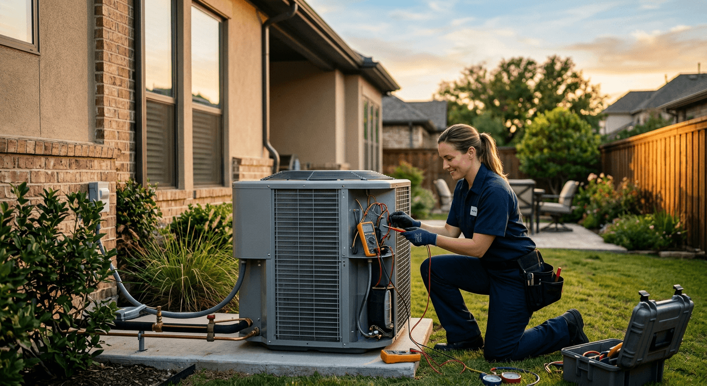 Genco HVAC technician servicing an outdoor air conditioning unit at a Houston-area home
